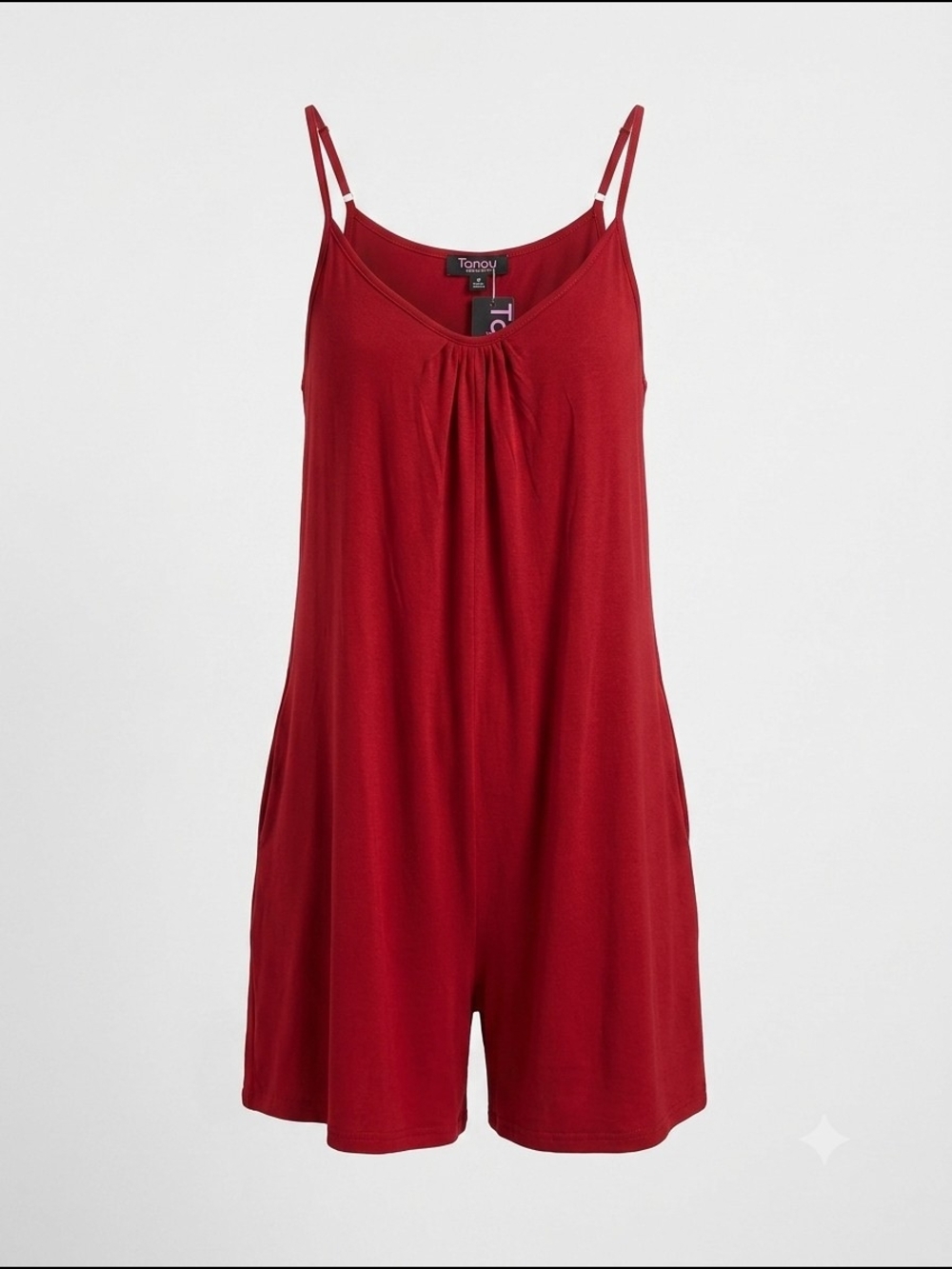 Tanou Crimson Sleeveless V-Neck Romper with Adjustable Straps